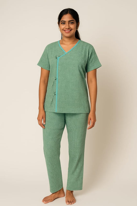 Hangerage Patient Kurta Pajama Set | Green Checkered Cotton | V-Neck with Tie-Up | Front Open | Free Size