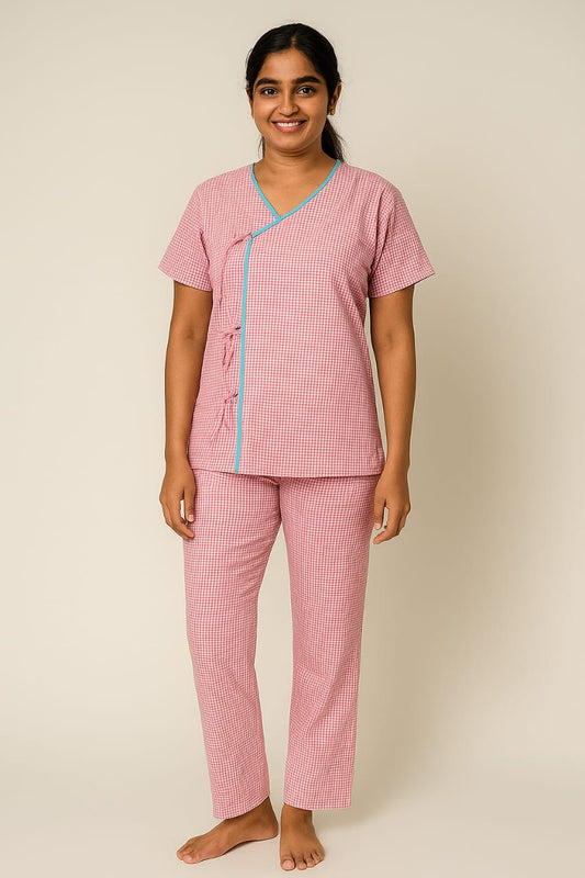 Hangerage Hospital Patient Kurta Pajama Set | Pink Checkered Cotton | V-Neck with Tie-Up | Front Open | Free Size