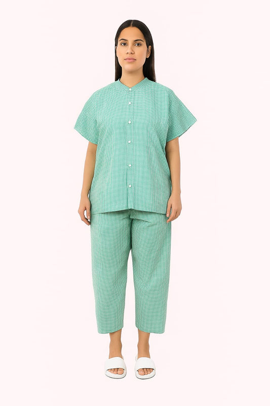 Hangerage Patient Kurta Pajama Set | Green Checkered Cotton | V-Neck Front Open | Free Size