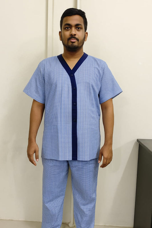 Hangerage Unisex Patient Kurta Pajama Set | Blue Cotton Checkered Hospital Wear for Men & Women | Comfortable & Breathable Medical Clothing with Front Button Closure | Free Size