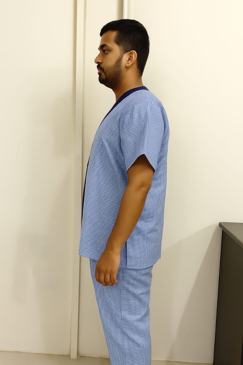 Hangerage Unisex Patient Kurta Pajama Set | Blue Cotton Checkered Hospital Wear for Men & Women | Comfortable & Breathable Medical Clothing with Front Button Closure | Free Size