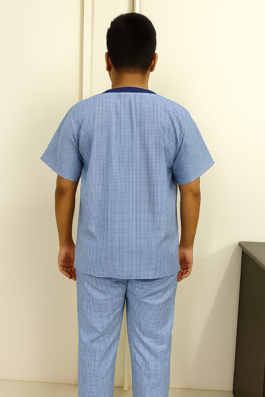 Hangerage Unisex Patient Kurta Pajama Set | Blue Cotton Checkered Hospital Wear for Men & Women | Comfortable & Breathable Medical Clothing with Front Button Closure | Free Size