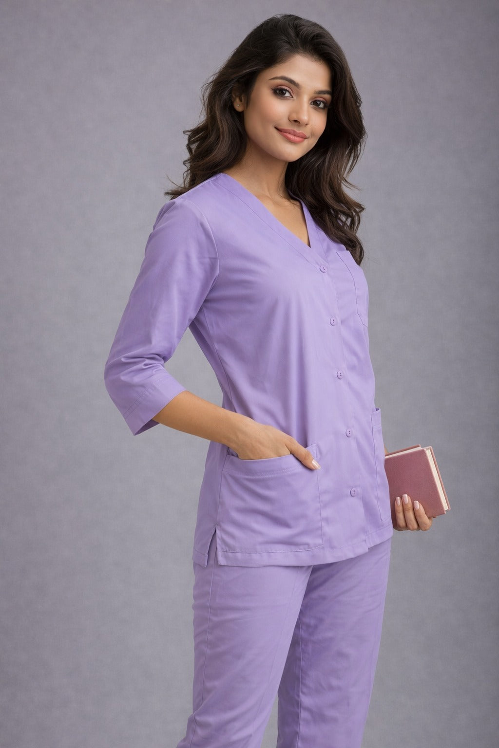Premium Lilac Medical Scrub Set for Women – Polycotton Fabric | Comfortable | V-Neck Top & Touser | Soft Breathable Fabric, Professional Workwear