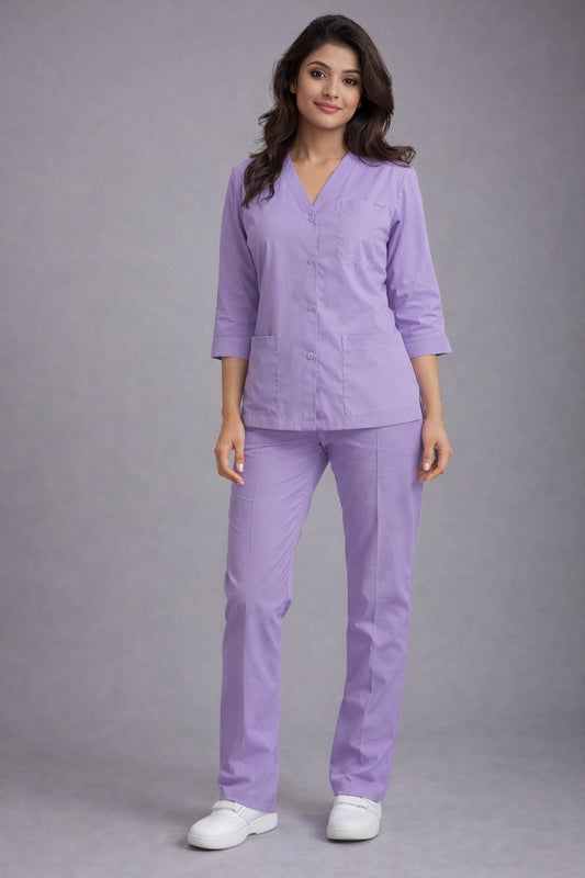 Premium Lilac Medical Scrub Set for Women – Polycotton Fabric | Comfortable | V-Neck Top & Touser | Soft Breathable Fabric, Professional Workwear
