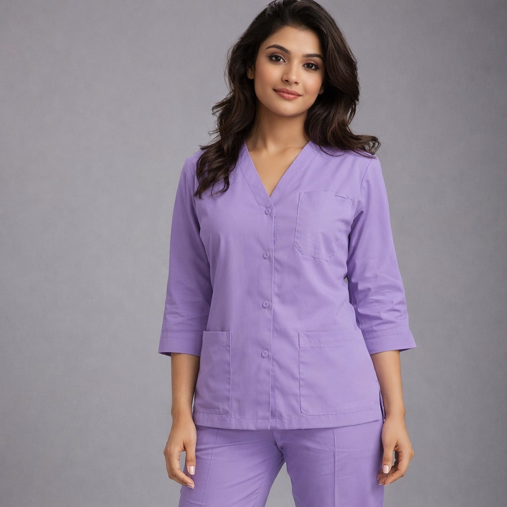 Premium Lilac Medical Scrub Set for Women – Polycotton Fabric | Comfortable | V-Neck Top & Touser | Soft Breathable Fabric, Professional Workwear