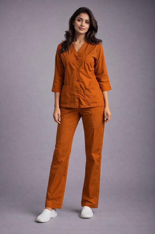 Elite Rust Medical Scrub Set for Women – SPUN Fabric | Comfortable | V-Neck Top & Touser | Soft Breathable Fabric, Professional Workwear