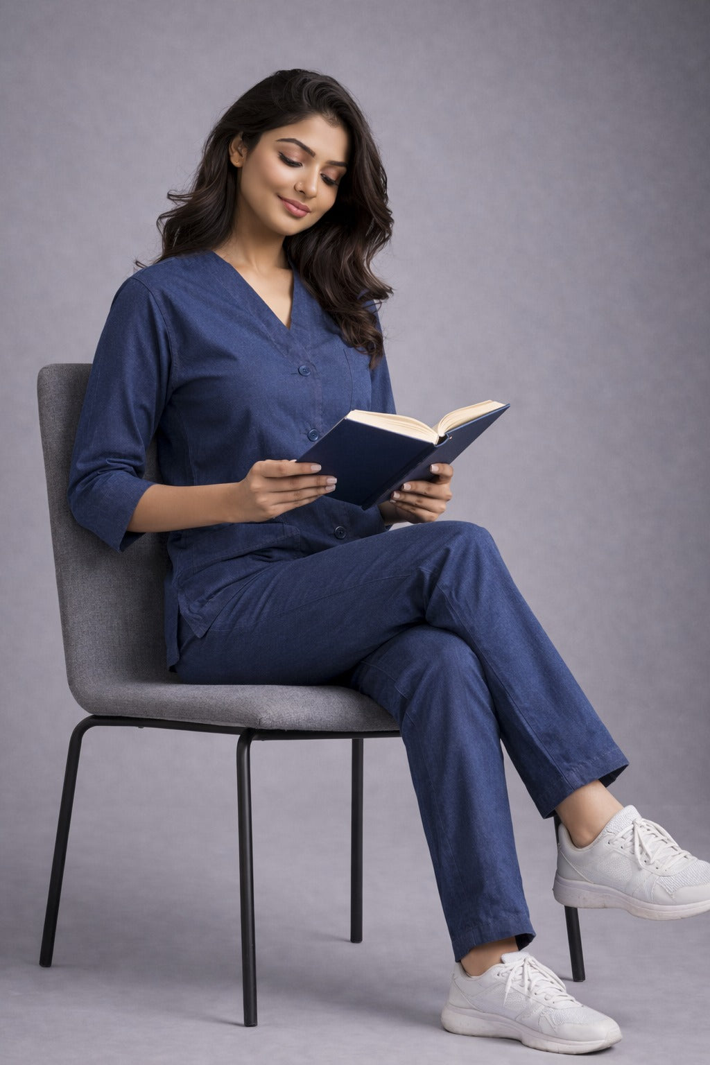 Elite Denim Blue Medical Scrub Set for Women – Comfortable | V-Neck Top & Touser | Soft Breathable Fabric, Professional Workwear | Sizes (XS-2XL)