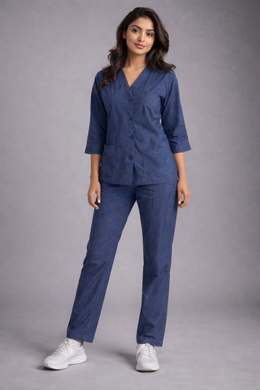 Elite Denim Blue Medical Scrub Set for Women – Comfortable | V-Neck Top & Touser | Soft Breathable Fabric, Professional Workwear | Sizes (XS-2XL)