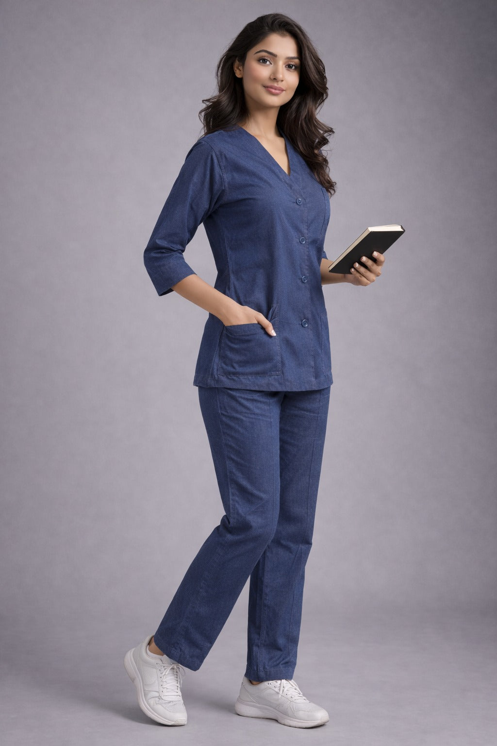 Elite Denim Blue Medical Scrub Set for Women – Comfortable | V-Neck Top & Touser | Soft Breathable Fabric, Professional Workwear | Sizes (XS-2XL)