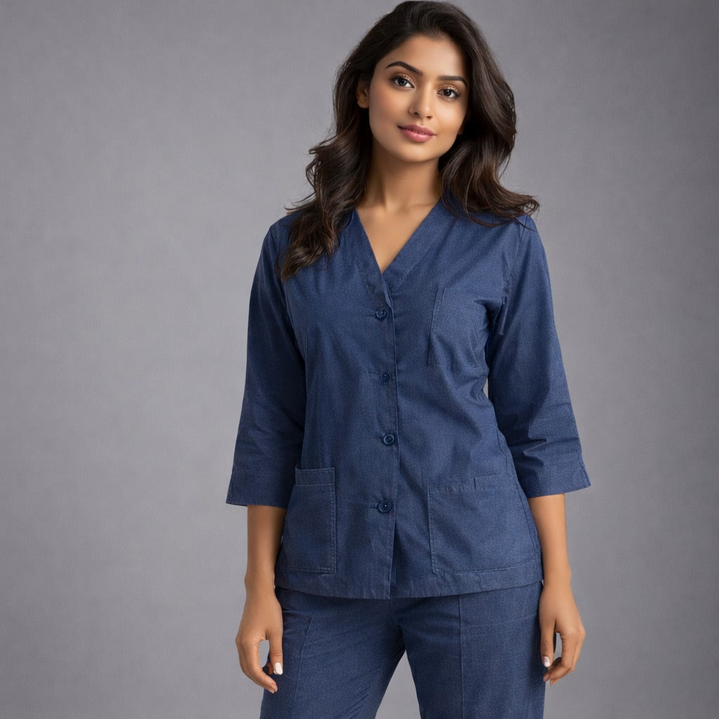 Elite Denim Blue Medical Scrub Set for Women – Comfortable | V-Neck Top & Touser | Soft Breathable Fabric, Professional Workwear | Sizes (XS-2XL)