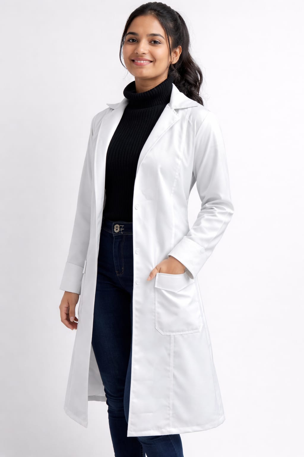 Women's Professional White Over coat | Full Sleeves | Calf Length | Notch Collar with Pockets for Doctors, Medical Staff, Laboratory Workers | Sizes (XS-2XL)