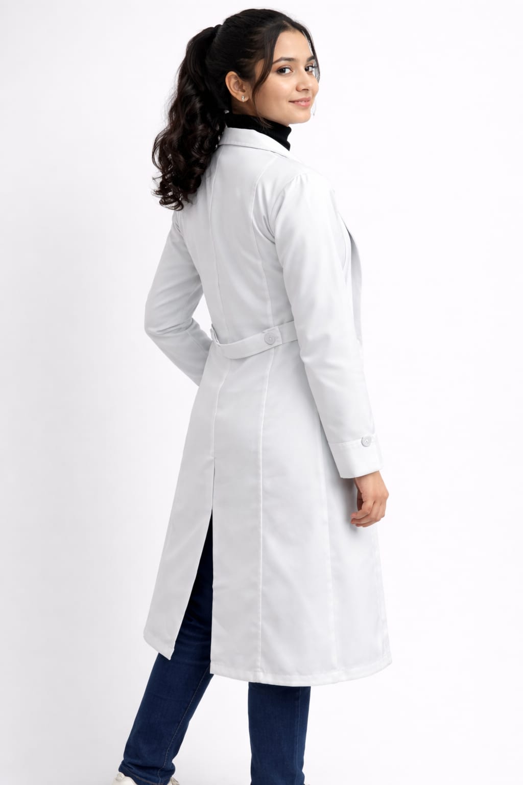Women's Professional White Over coat | Full Sleeves | Calf Length | Notch Collar with Pockets for Doctors, Medical Staff, Laboratory Workers | Sizes (XS-2XL)