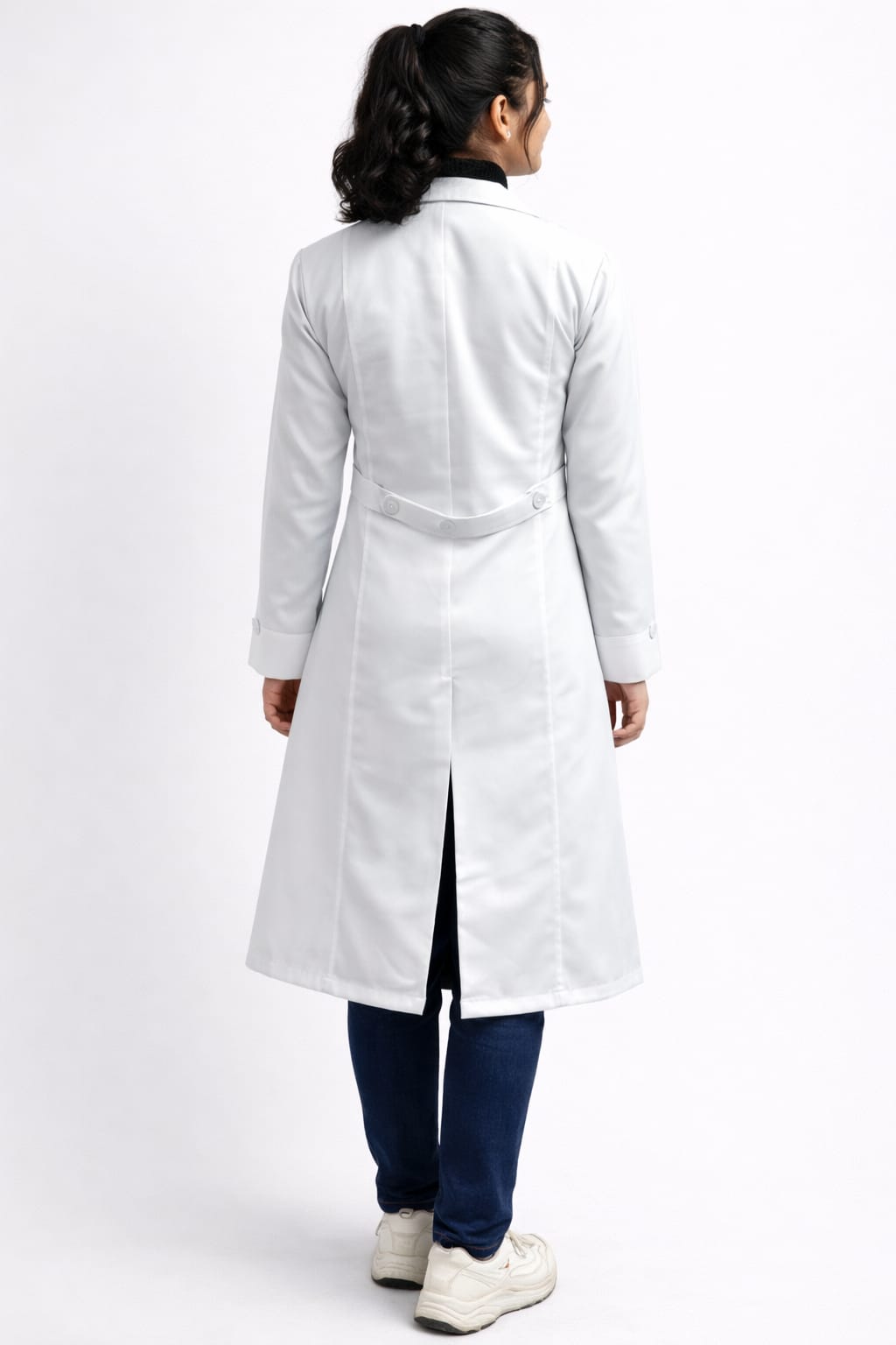 Women's Professional White Over coat | Full Sleeves | Calf Length | Notch Collar with Pockets for Doctors, Medical Staff, Laboratory Workers | Sizes (XS-2XL)