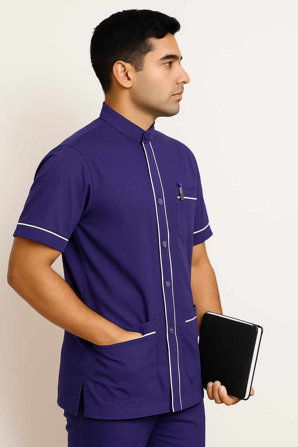 Hangerage Male Staff Uniform | Unisex | Purple with white Accents (Shirt & Pant Set)