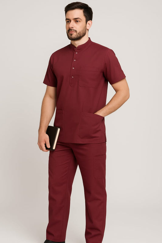 angerage Premium Scrub Set | Mandarian Collar | Unisex Scrub Set | Half Sleeves | Ideal For Health Care Professional | Color (Maroon) | Sizes (S-2XL)