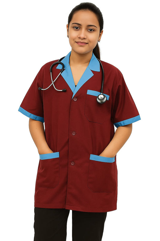 Hangerage Maroon Staff Apron | Unisex_3-Pocket Apron | Half Sleeves | V Neck | style with sky blue collar | Comfortable | Durable | Uniform for Medical Professionals (Staff & Nursing)