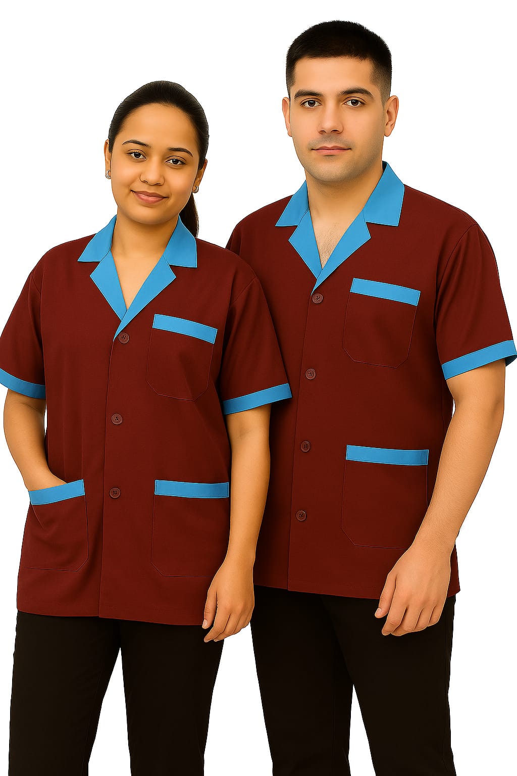 Hangerage Maroon Staff Apron | Unisex_3-Pocket Apron | Half Sleeves | V Neck | style with sky blue collar | Comfortable | Durable | Uniform for Medical Professionals (Staff & Nursing)