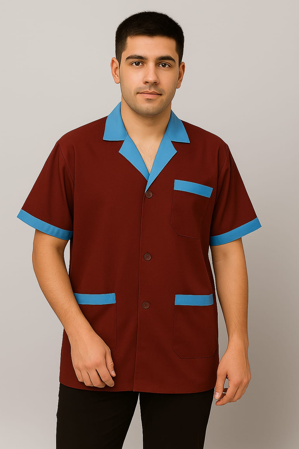 Hangerage Maroon Staff Apron | Unisex_3-Pocket Apron | Half Sleeves | V Neck | style with sky blue collar | Comfortable | Durable | Uniform for Medical Professionals (Staff & Nursing)