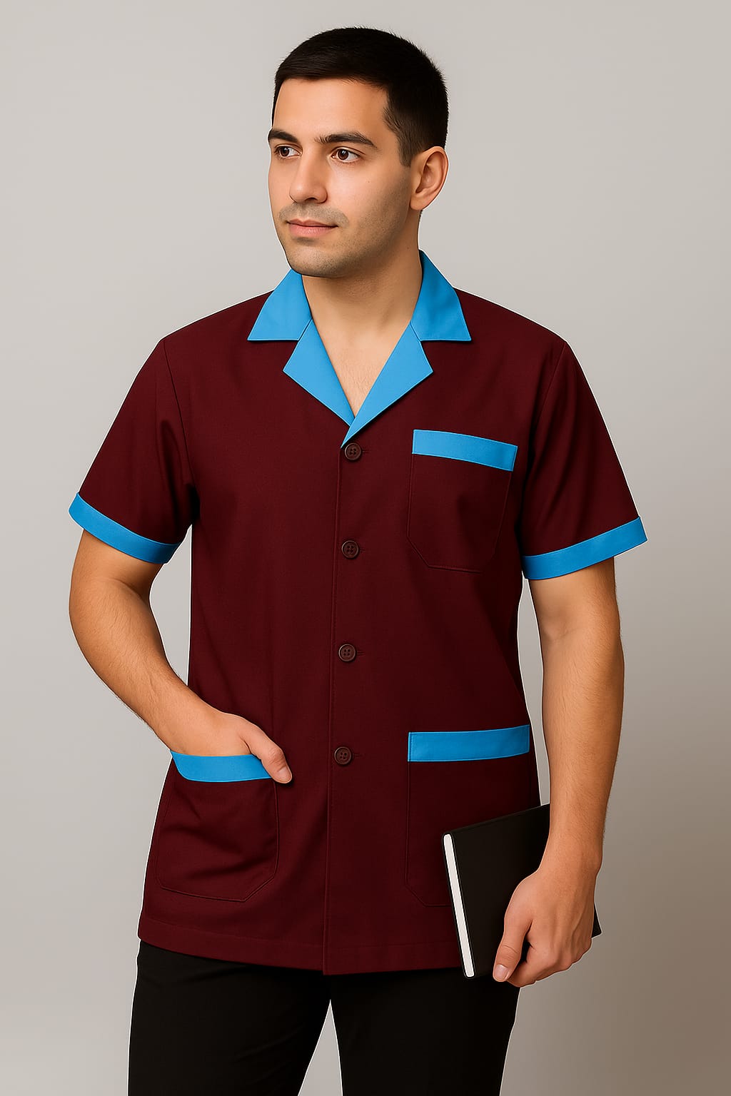 Hangerage Maroon Staff Apron | Unisex_3-Pocket Apron | Half Sleeves | V Neck | style with sky blue collar | Comfortable | Durable | Uniform for Medical Professionals (Staff & Nursing)