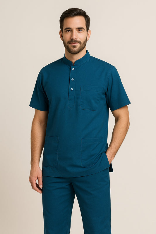 Premium Male Scrub Set | Mandarian Collar | Half Sleeves | Ideal For Health Care Professional | Color (Teel Blue) | Sizes (S-2XL)