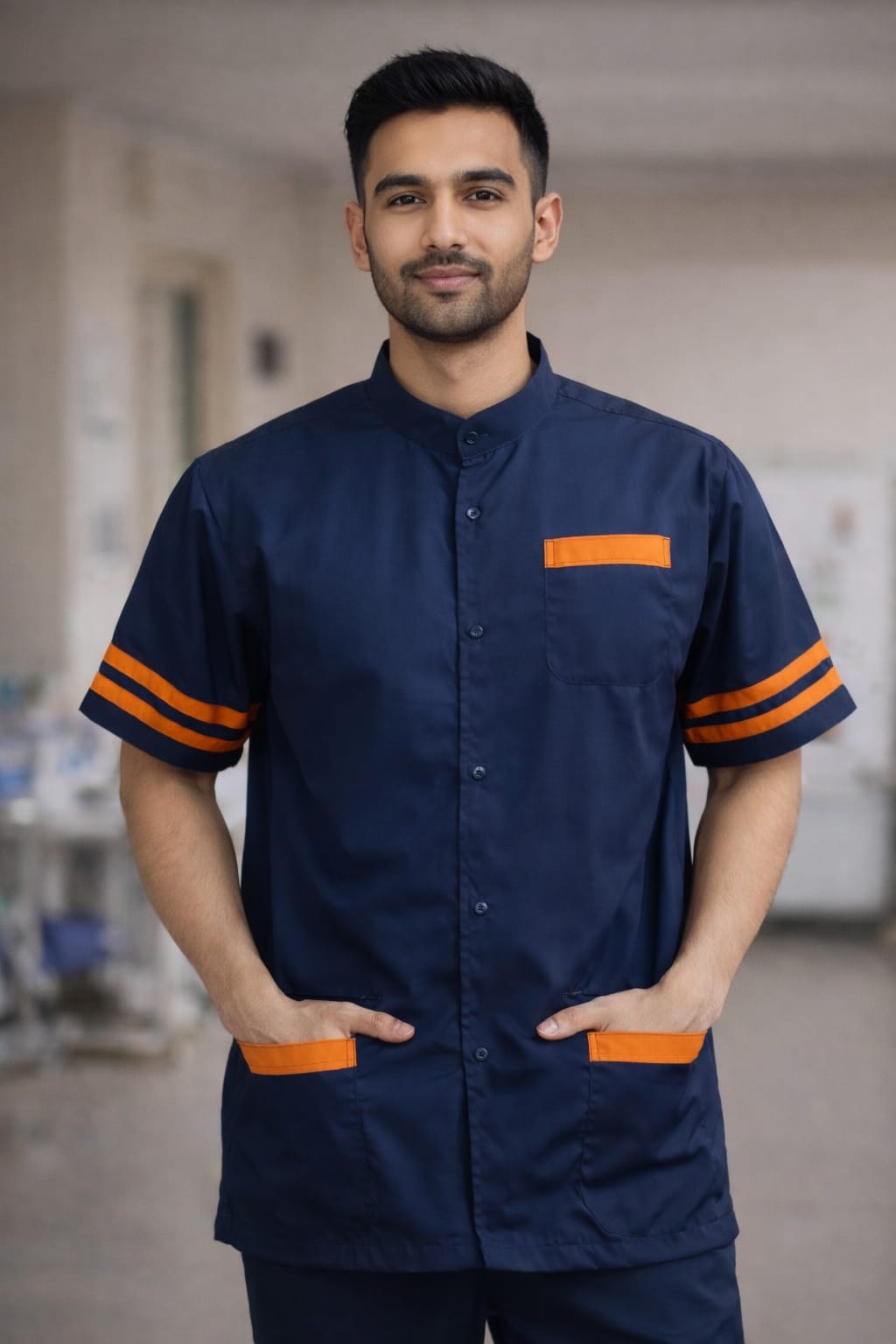 Male Staff Uniform | Navy Blue with Orange Accents (Shirt & Pant Set) | Size (S-2XL)