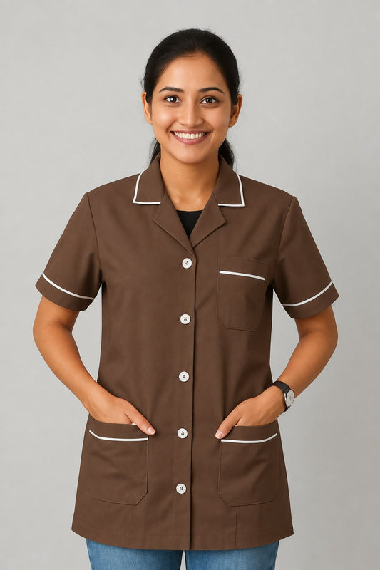 Staff Apron | Unisex | Stylish, Comfortable | Half Sleeves | Ideal For Health care Professionals | Color (Brown) Sizes (S-2XL)